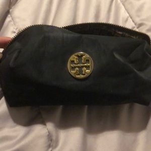 Tory Burch black satin makeup bag